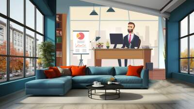 Director office. Interior businessman sitting at the table vector office cartoon picture. Office desk, manager room, interior, of director cabinet illustration Wall mural