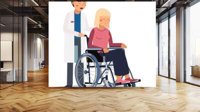 Doctor pushing wheelchair with patient. Medical help Wall mural