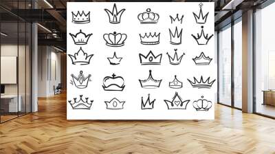 Doodling crown. Ink hand drawn symbols of king elegant imperial monarch vector ink art. Princess crown and king elements illustration Wall mural