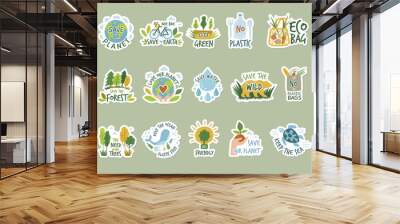 Ecology stickers. Save green earth planet clean environment eco labels recent vector badges colored illustrations isolated Wall mural