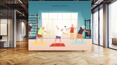 Elderly in gym. Happy seniors, active lifestyle old people. Man woman training, doing yoga running vector illustration. Fitness elderly sport, lifestyle senior in gym Wall mural