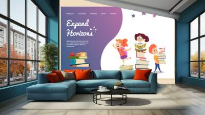 Expand horizons vector concept. Reading landing page template. Cartoon kids read books and education new knowledge, girl and boy learning illustration Wall mural