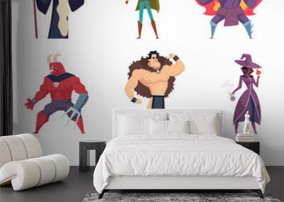 Fairytale characters. Fantasy creatures gremlins orc human warriors demon elf sorcerer giants vector cartoon pictures set. Orc and troll, goblin and witch illustration Wall mural