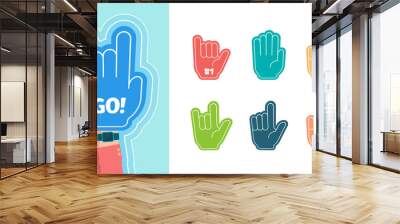 Fans fingers. Hands gestures for stylized cheering gloves victory thumbs up two one fingers vector symbols isolated on white background. Number glove souvenir to support competition team illustration Wall mural