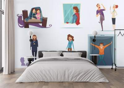 Fears people. Scary persons childrens expression nervous afraid panic phobia terrorism shadows vector characters. Illustration scary and fear, panic phobia, person stress and afraid Wall mural