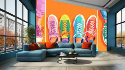 Feet sneakers cartoon vector concepts. Four pairs pants stockings legs shoelaces different designs, fashionable orange background illustrations Wall mural