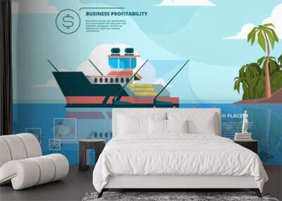 Fishing boats background. Ocean water fisher ship vector infographic picture. Fishing boat, marine nautical vessel industrial illustration Wall mural