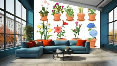 Flowers pot. Nature cartoon vector illustration of flowers and leaves beautiful collection. Blossom plant, botanical flowerpot Wall mural