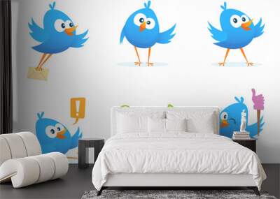 Flying blue birds in cartoon style Wall mural