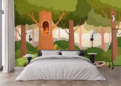 Forest landscape. Trees with holes for wild animals house in wooden trunk for birds squirrels fox vector cartoon background. Landscape forest with animal, outdoor wild scenery illustration Wall mural