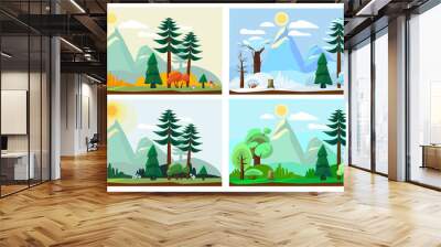 Four season landscape. Spring autumn summer winter weather nature scenery vector cartoon background. Winter and summer, spring and autumn illustration Wall mural