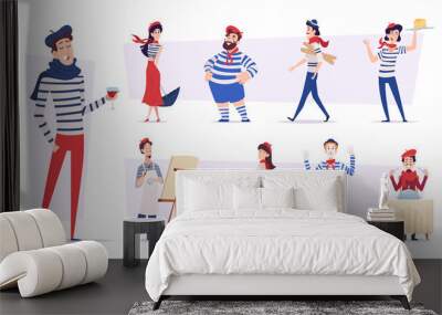 French people. Funny smile characters in various poses national authentic france person exact vector illustrations isolated Wall mural