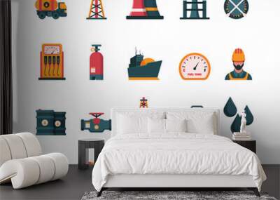 Gas oil industry. Mining energy from gas barrel and tank electric production line diesel transport fueling garish vector concept icons in flat style Wall mural