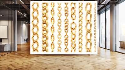 Gold chain cartoon vector set. Jewelry links frame cable different shapes wealth precious metal pattern accessories, illustration isolated on white background Wall mural