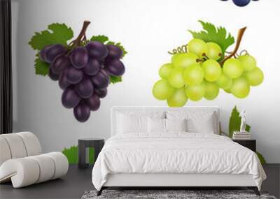 Grapes realistic. White and black grapes with leaves natural plants wine symbols vector collection. Grape leaf, fruit fresh harvest illustration Wall mural