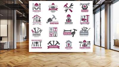 Handyman badges. Builders and workers contractor symbols technicians vector logotypes for handyman. Illustration carpenter handyman logo and emblem Wall mural