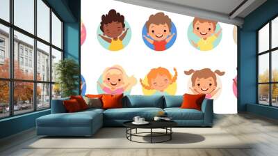 Happy kids avatars. Cute children smiling, boy girl in rounds vector set. Illustration girl and boy avatar, happy kids, child happiness Wall mural