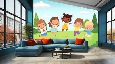 Happy kids background. Funny childrens playing and jumping laughing teen people vector characters. Happy girl and boy preschool, cartoon childhood illustration Wall mural