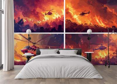 Helicopter dowsing woodland blaze cartoon vector scenes. Fireman forest flame smoke burning raging inferno embers scorch aircraft rescue fleeing mission heroic relief concepts Wall mural