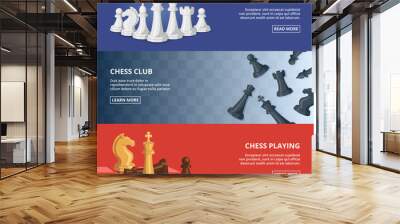 Horizontal banners set with illustrations of chess. Vector design template with place for your text Wall mural