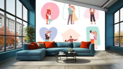 Hugging kids. Parents embrace their children. Happy family characters comforted talking mother father and baby vector group. Illustration hug and embrace, happy children and parents Wall mural