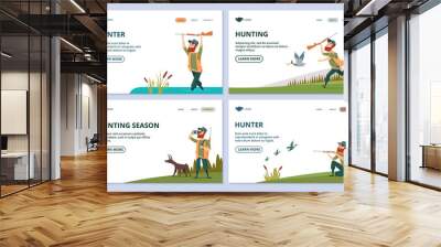 Hunting web pages. Hunter with gun, dog, ducks vector banners. Hunting to duck, man with shotgun illustration Wall mural