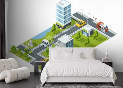 Isometric city map. Urban landscape with buildings and transport Wall mural