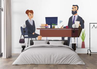 Job interview. Business office meeting hr managers directors chief vector concept characters. Illustration of job interview meeting office, hr manager Wall mural