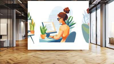 Job search woman secretary cartoon vector scene. Girl back view glasses bun hairstyle at a computer monitor sitting working freelancer hired character, personal data form filling out illustration Wall mural