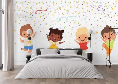 Kids anniversary. Happy childrens jumping in confetti stars celebration fun party time vector teenagers characters. Children celebration, happy birthday celebrate illustration Wall mural