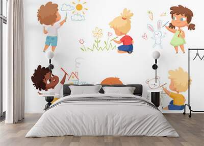 Kids drawing. Children artists educational funny cute childrens boys and girls making different pictures vector characters. Illustration child artist drawing colorful Wall mural