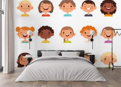 Kids faces. Child expression faces little boys and girls cartoon avatars vector collection. Girl and boy avatar, young teenager female and male illustration Wall mural