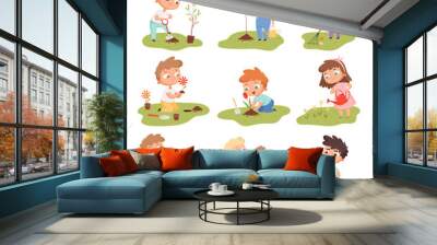 Kids planting. Happy children gardening digging picking plants eco weather protect tree vector set. Gardening illustration of kids with shovel watering and planting Wall mural