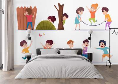 Kids playing. Outdoor active games for children kids running jumping playing football boys and girls force pulling rope exact vector cartoon colored templates Wall mural