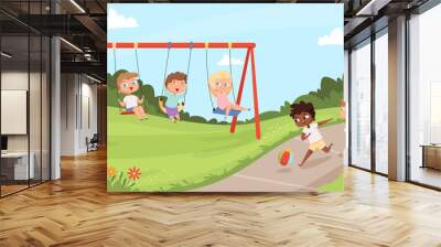 Kids swing rides. Outdoor happy walking and playing childrens nature camp vector cartoon background. Play swinging ride, swing childhood happiness illustration Wall mural