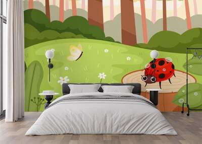 Ladybug in wood. Green natural park with funny insects warm garden outdoor cartoon background nowaday vector funny ladybug character Wall mural