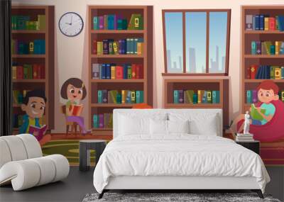 Library. Kids education people reading books in library interior exact vector cartoon background Wall mural