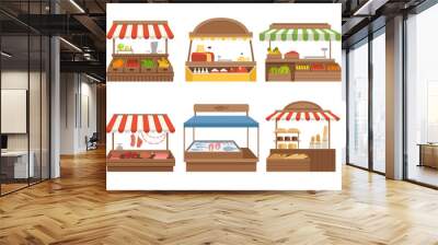 Local market. Street food places stands outdoor farm vegetables fruits meat and milk vector pictures. Illustration farm marketplace, dairy and sausage natural, farm stall with awning Wall mural