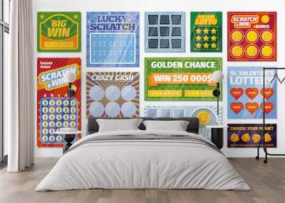 Lottery tickets collection. Royal edition victory scratching numbered tickets for lottery with prizes garish vector illustrations with place for text Wall mural