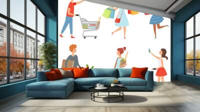 Male and female shopping. Vector pictures of various characters in shop Wall mural