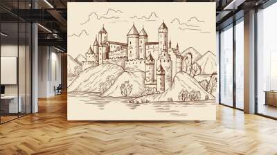 Medieval background. Fantasy historical buildings with fortress towers house from vintage bricks recent vector landscape hand drawn illustration Wall mural