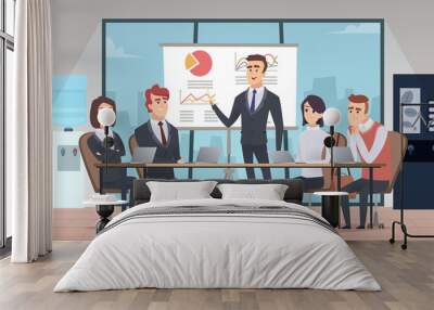 Meeting office interior. Business conference room with people managers working team vector cartoon interior. Illustration office meeting, business team and teamwork Wall mural