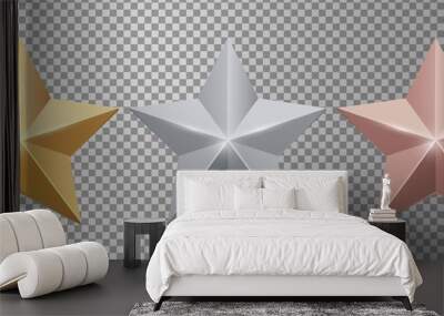 Metal stars. Realistic gold silver bronze stars vector set. Gold star award, golden, silver and bronze illustration Wall mural