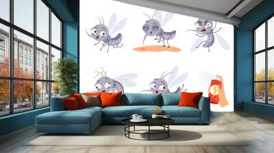 Mosquito cartoon. Warning flying insects dangerous little animals vector illustrations. Insect animal bite, pest gnat and mosquito collection Wall mural