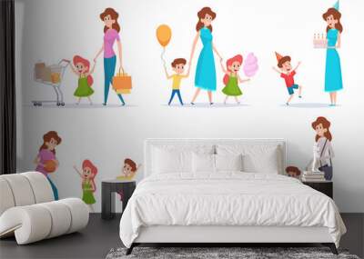 Mother with kids. Happy children spend time with love mommy exact vector parents characters cartoon. Mother parent spend with kids illustration Wall mural