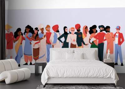 Multicultural group. Crowd european and multi ethnical people community diversity coworkers persons garish vector flat background Wall mural