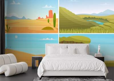 Nature landscape. Desert safari park, agriculture plantation. Eco tourism, travel or adventures vector background. Illustration safari park and desert landscape africa Wall mural