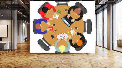 Office meeting top view. Conference group teamwork discussion at roundtable business vector concept. Illustration of office discussion group Wall mural