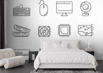 Pc components icons. Processor ssd cpu power adapter ram memory and hdd linear vector symbols isolated. Illustration of ssd and hardware, cpu processor Wall mural