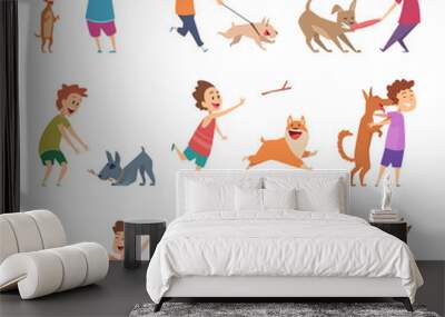 Pets and kids. Happy little puppy dogs and their owners hugging playing smiling feeding vector animals. Illustration feeding and walking dog, funny and adorable pets Wall mural